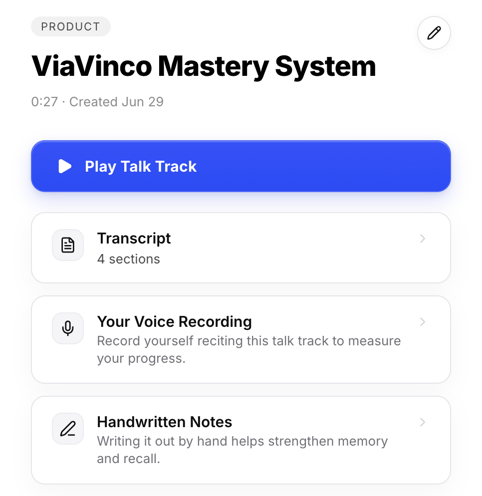 ViaVinco talk track library details with transcript, voice recording, and handwritten notes