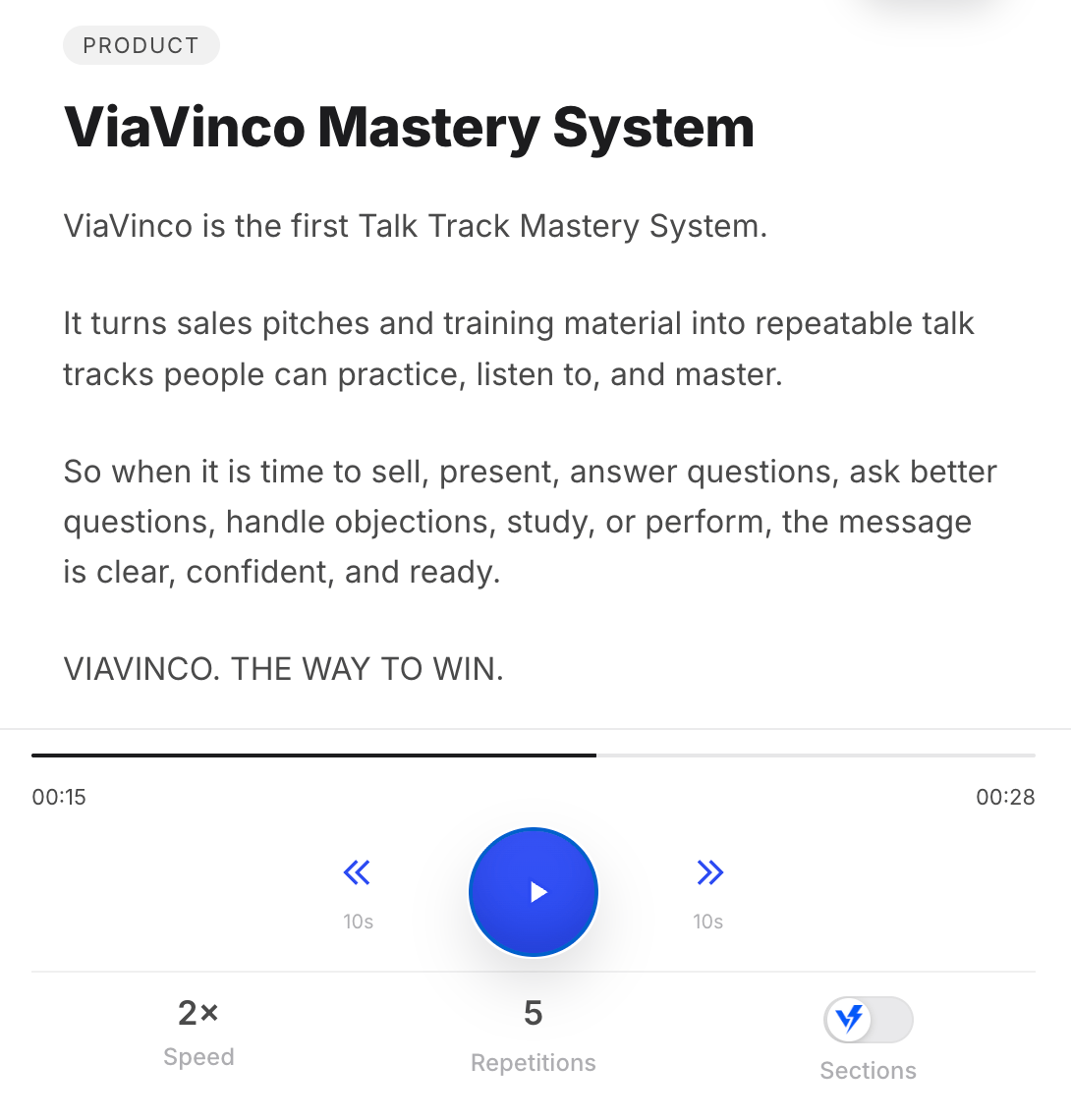 ViaVinco full talk track player with transcript and playback controls
