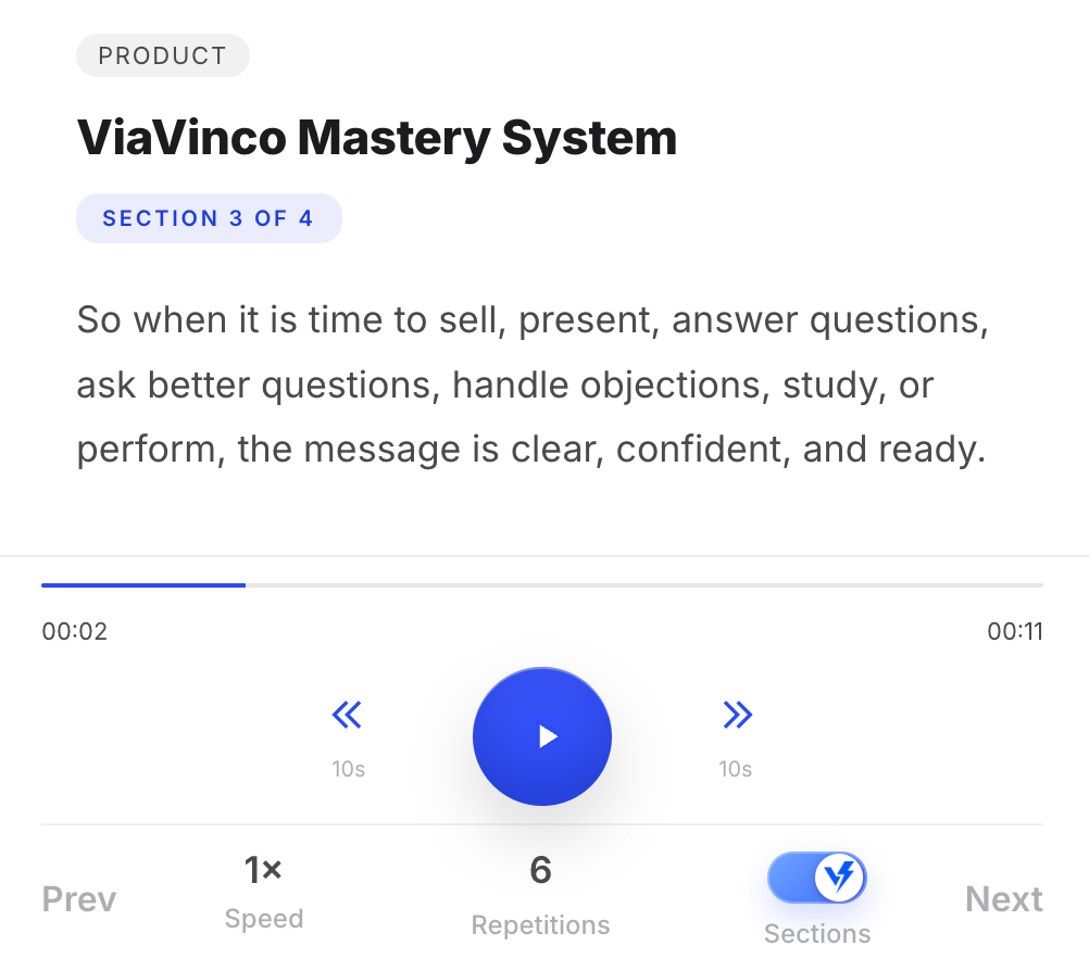 ViaVinco section player showing section-by-section talk track practice