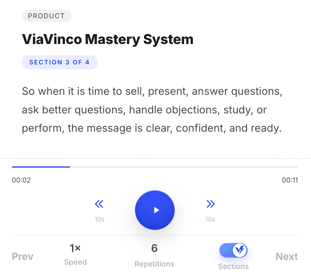 ViaVinco section player showing section-by-section talk track practice