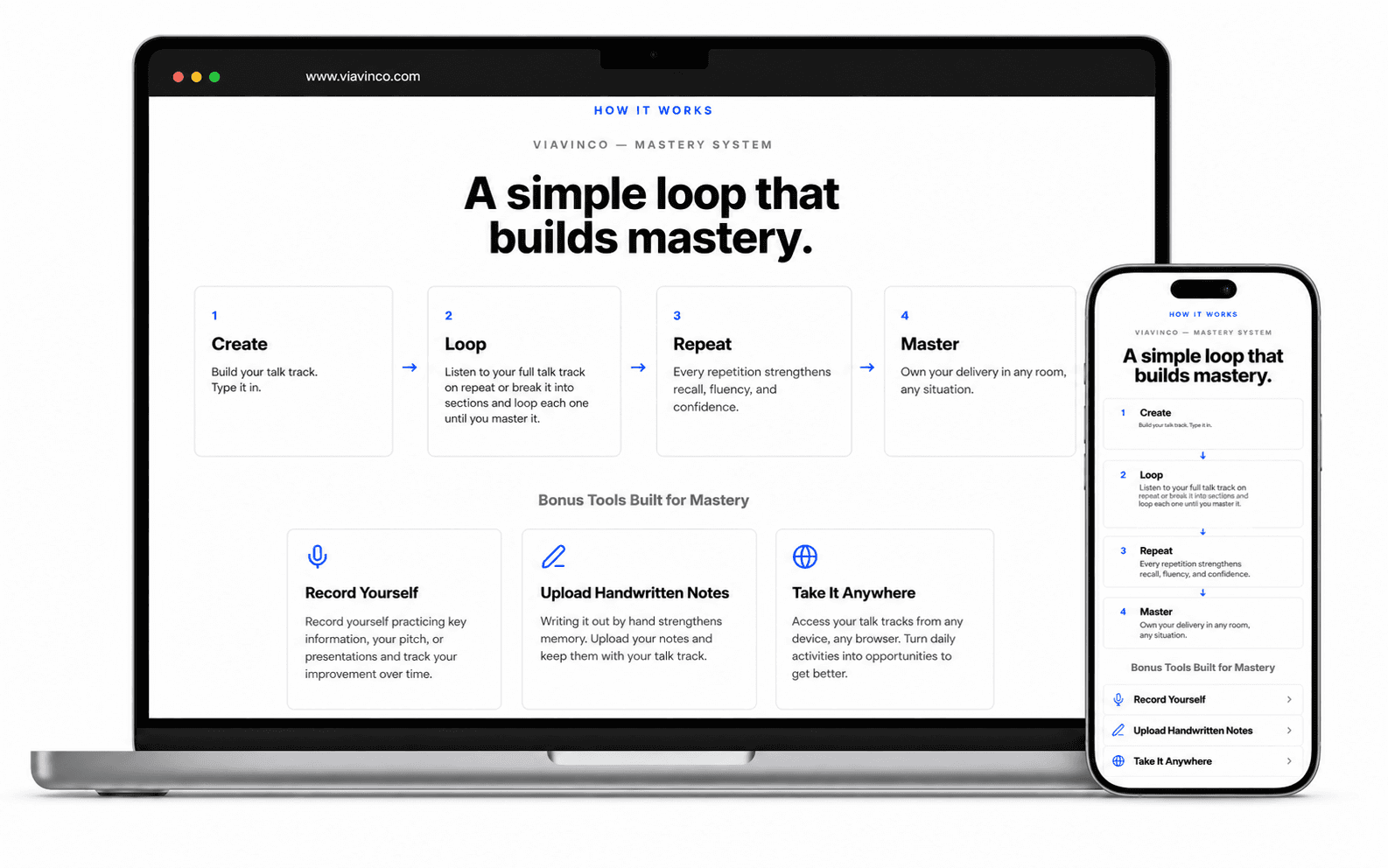 ViaVinco Create, Loop, Repeat, Master workflow shown on laptop and mobile