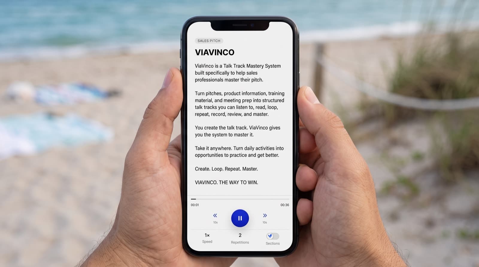 ViaVinco talk track player used while walking near the beach