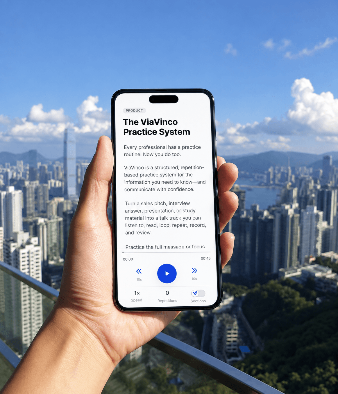 ViaVinco talk track player on a phone overlooking a city skyline